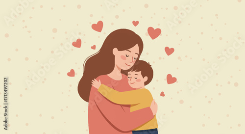 A loving mother embraces her child with affection, surrounded by hearts, symbolizing the deep bond of family and unconditional love