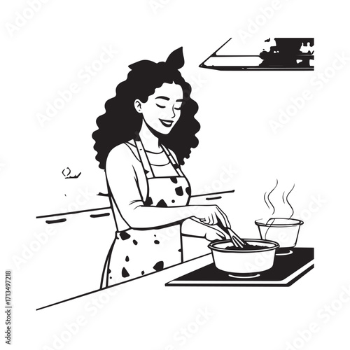 Black and White Vector Illustration of a Smiling Woman Cooking in Kitchen with Apron and Headband
