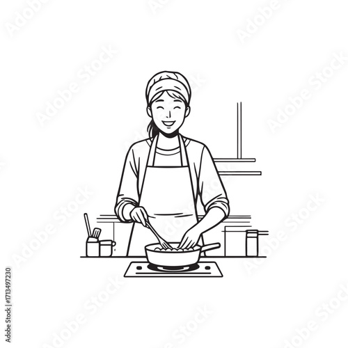 Black and White Vector Illustration of a Smiling Woman Cooking in Kitchen with Apron and Headband