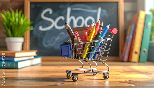 Mini shopping cart filled with colored pencils on classroom desk with “School” chalkboard