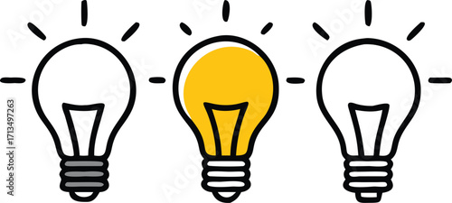 Single glowing lightbulb among unlit ones symbolizing innovation and unique ideas vector