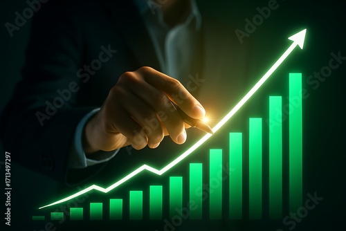 Successful business growth concept, hand pointing at a rising graph showing financial progress, upward trend, profit