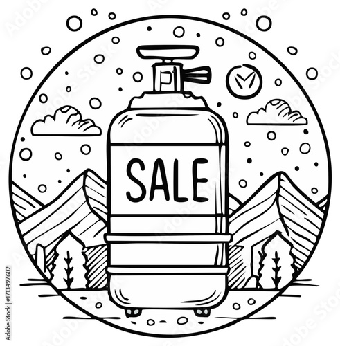 Decorative Tank with Sale Sign in Mountainous Snowy Landscape Doodle Art