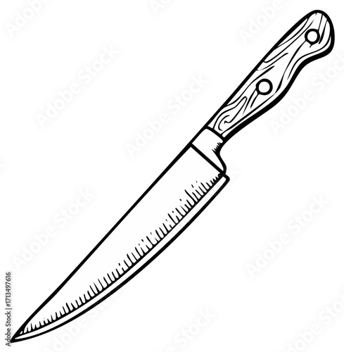 Chef's knife sketch style with wooden handle for cooking and culinary illustration