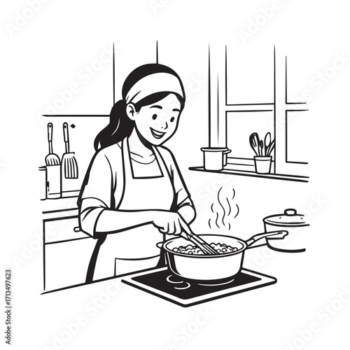 Black and White Vector Illustration of a Smiling Woman Cooking in Kitchen with Apron and Headband