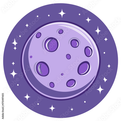 Illustrated purple moon with craters, surrounded by stars in a circle, vector