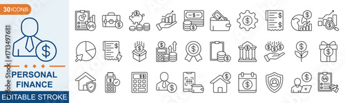 Personal Finance outline icon set collection. Finance, income, Saving, investing, economy, money, money management, and more. Linear icon collection. Editable stroke, Vector illustration eps 10