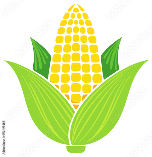 Stylized graphic illustration of a fresh ear of corn with yellow kernels and green husks