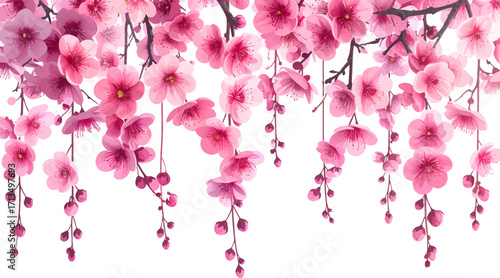 Soft pink blossoms with cascading petals. Delicate pink cherry blossoms in full bloom. Pink blossoms hanging elegantly in a row. Cascading pink flowers with soft petal details. Delicate pink blossoms