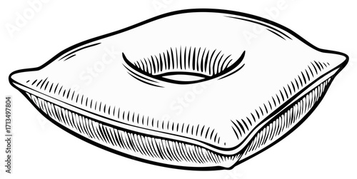 Engraved illustration of a comfortable pillow with a hole in the center, artistic and simple