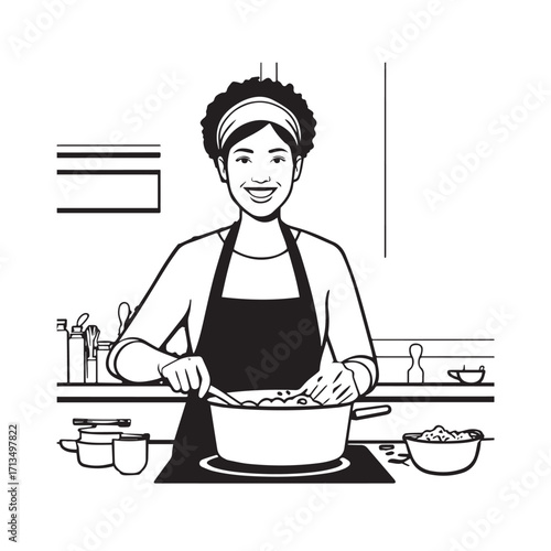 Black and White Vector Illustration of a Smiling Woman Cooking in Kitchen with Apron and Headband