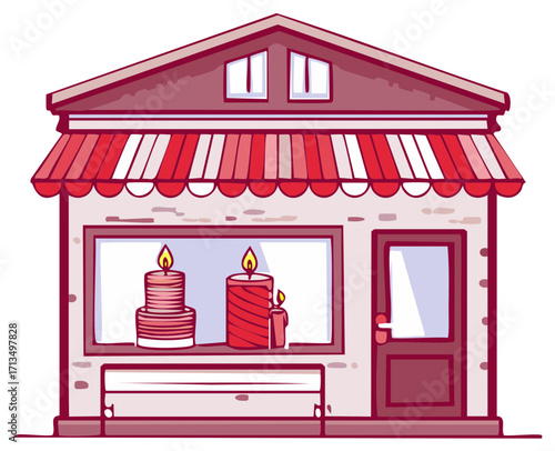 Small boutique candle shop building with a red striped awning and warm glowing candles in the display window