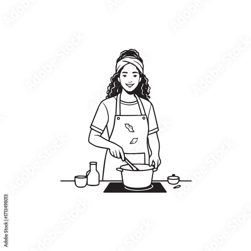 Black and White Vector Illustration of a Smiling Woman Cooking in Kitchen with Apron and Headband