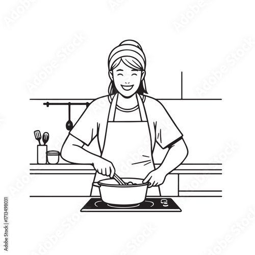 Black and White Vector Illustration of a Smiling Woman Cooking in Kitchen with Apron and Headband