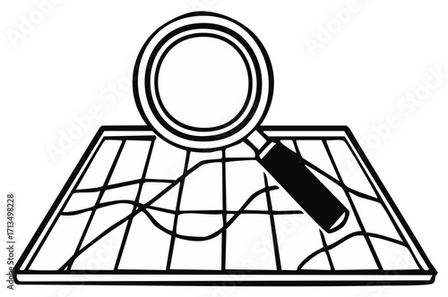 Magnifying glass over simple sketched line map, planning and investigation concept, exploration, travel, monochrome vector illustration.