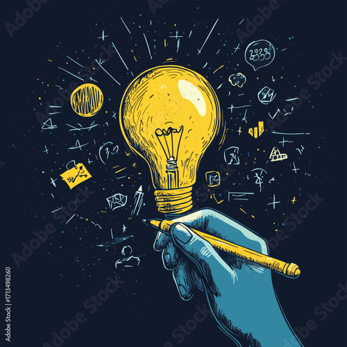 A close-up of a hand writing down unique ideas and goals for a business innovation strategy. , vector style simple color