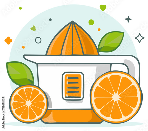 Vector illustration of an electric citrus juicer with fresh oranges for making healthy juice