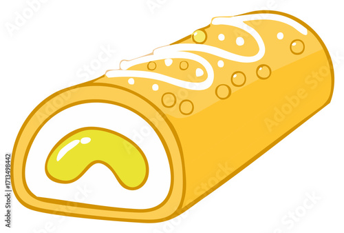 Yellow rolled cake with white cream filling and glaze icing and pearls