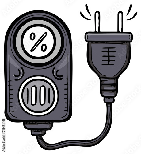 Hand drawn cartoon of an electrical power meter with a percentage display and a plug