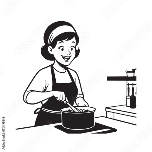 Black and White Vector Illustration of a Smiling Woman Cooking in Kitchen with Apron and Headband