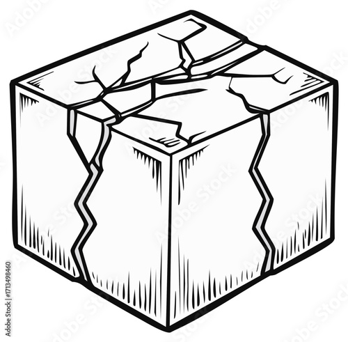 Cracked Stone Cube Cartoon Illustration Depicting Damage Ruin And Decay