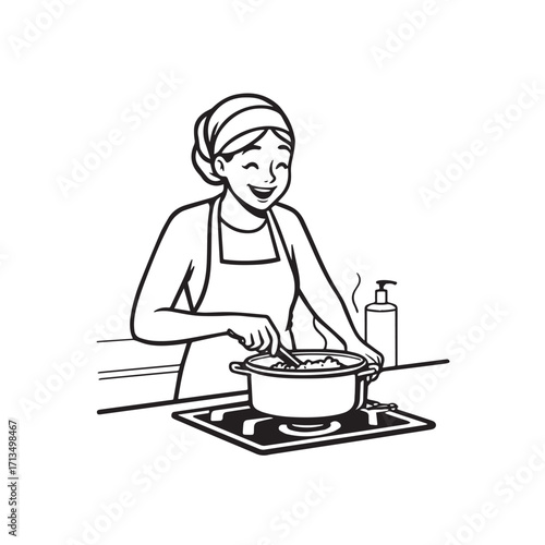 Black and White Vector Illustration of a Smiling Woman Cooking in Kitchen with Apron and Headband