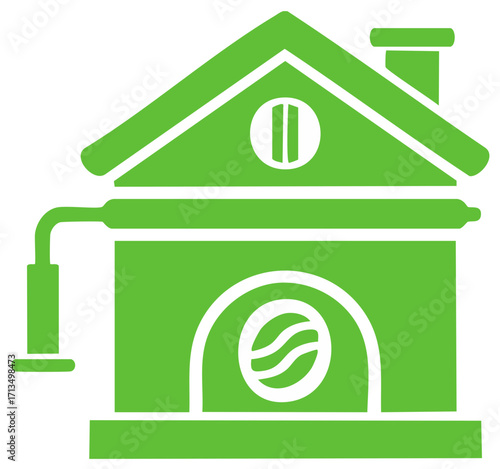 Green Heating System Icon Illustration: Boiler, Pipe, Radiator, House with Chimney and Furnace on White