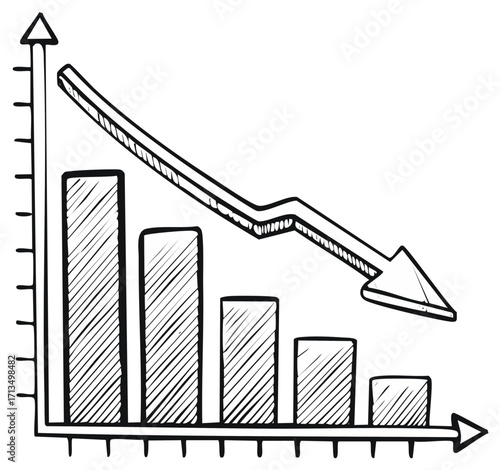 Downturn graph sketch with descending arrow and bars indicating financial decline or loss