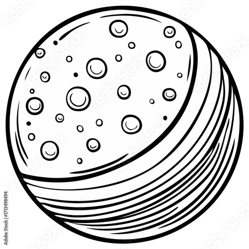 Whimsical black and white line art illustration depicting a celestial body with numerous surface craters and a crescent shadow