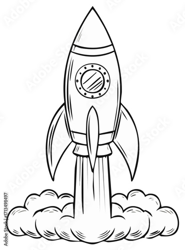 Retro rocket launching with clouds of smoke and a circular window, line art style