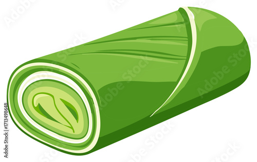 Stylized green Swiss roll dessert with creamy filling and white swirl detail