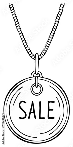 Hand drawn illustration of a necklace with a circular tag displaying the word SALE