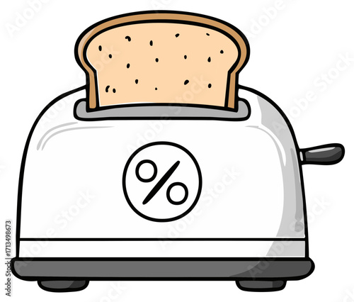 Cartoon toaster with percentage symbol icon for sales, discounts, and inflation concepts