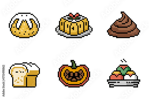 Pixel dessert icons collection, bundt cake flan chocolate swirl, bread loaf pumpkin pie, sweet pastry set, retro vector