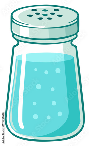 Cartoon Illustration of a Glass Salt Shaker Filled with Blue Salt Crystals with a Perforated Silver Top
