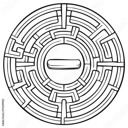 Complex Circular Maze Puzzle with a Pill in the Center Black and White Line Art Illustration