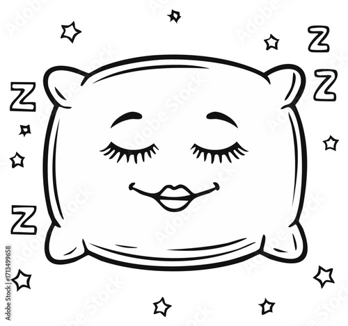 Cartoon pillow with closed eyes, eyelashes, stars, and Z symbols for sleep