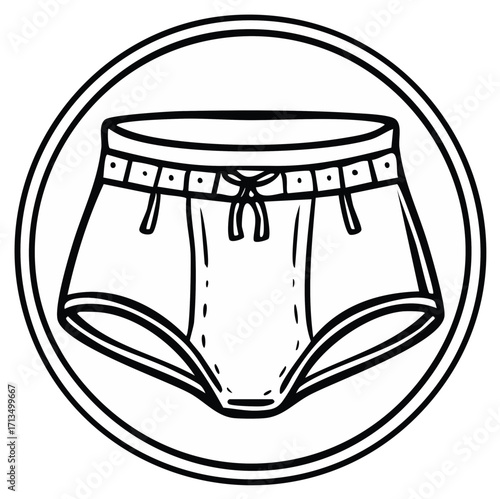 Retro athletic shorts line art icon. Black and white vector illustration of vintage gym wear.
