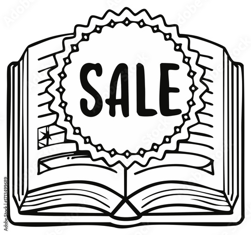 Open book with sale banner for discount and bargain promotions