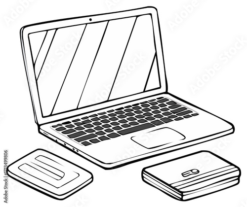 Laptop with External Hard Drives Illustration Line Art for Office and Technology Concepts