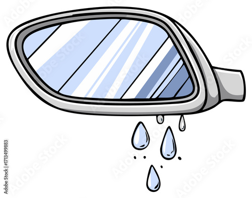 Car side mirror with raindrops falling from the bottom edge