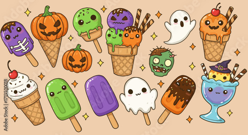 Kawaii-style Halloween desserts, colorful and cartoonish