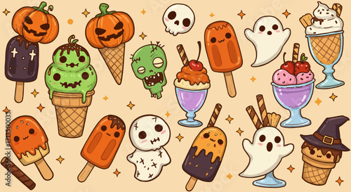 Kawaii-style Halloween desserts, colorful and cartoonish