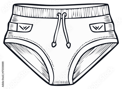 Hand Drawn Swim Trunks or Briefs Line Art Illustration with Drawstrings