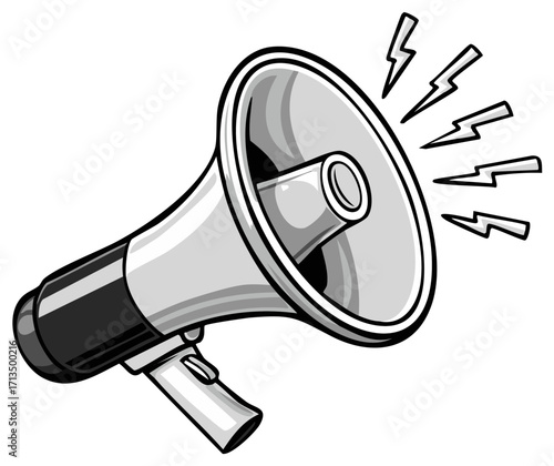 Retro megaphone emitting sound waves and lightning bolts in a black and white illustration.