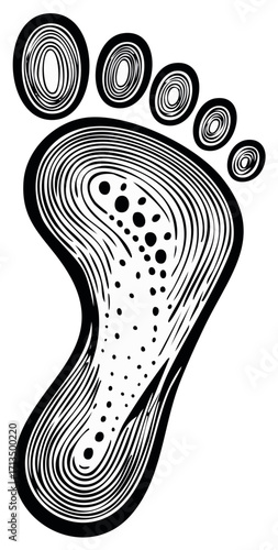 Artistic black and white abstract human footprint design with decorative lines and dot pattern