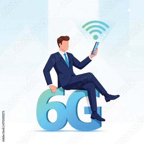 A businessman in a suit is seated atop a large, stylized "6G" logo, implying the connection between future mobile technology and business. EPS Vector