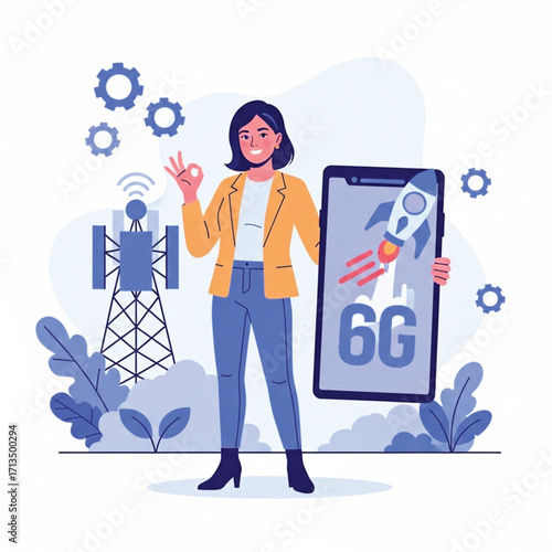 A cheerful woman displays a smartphone with a 6G rocket graphic, signifying the launch of next-generation mobile technology. EPS Vector
