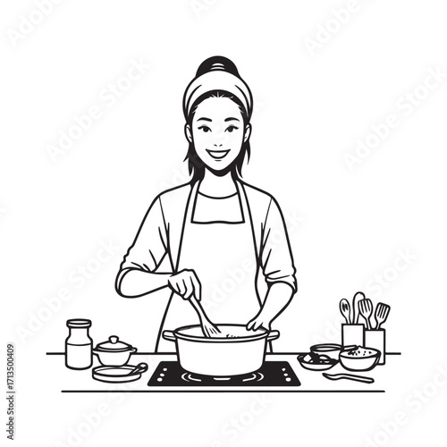 Black and White Vector Illustration of a Smiling Woman Cooking in Kitchen with Apron and Headband