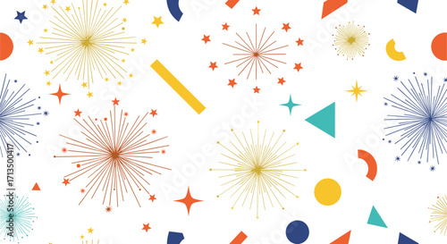 A vibrant and colorful abstract pattern featuring fireworks and geometric shapes for festive celebrations.